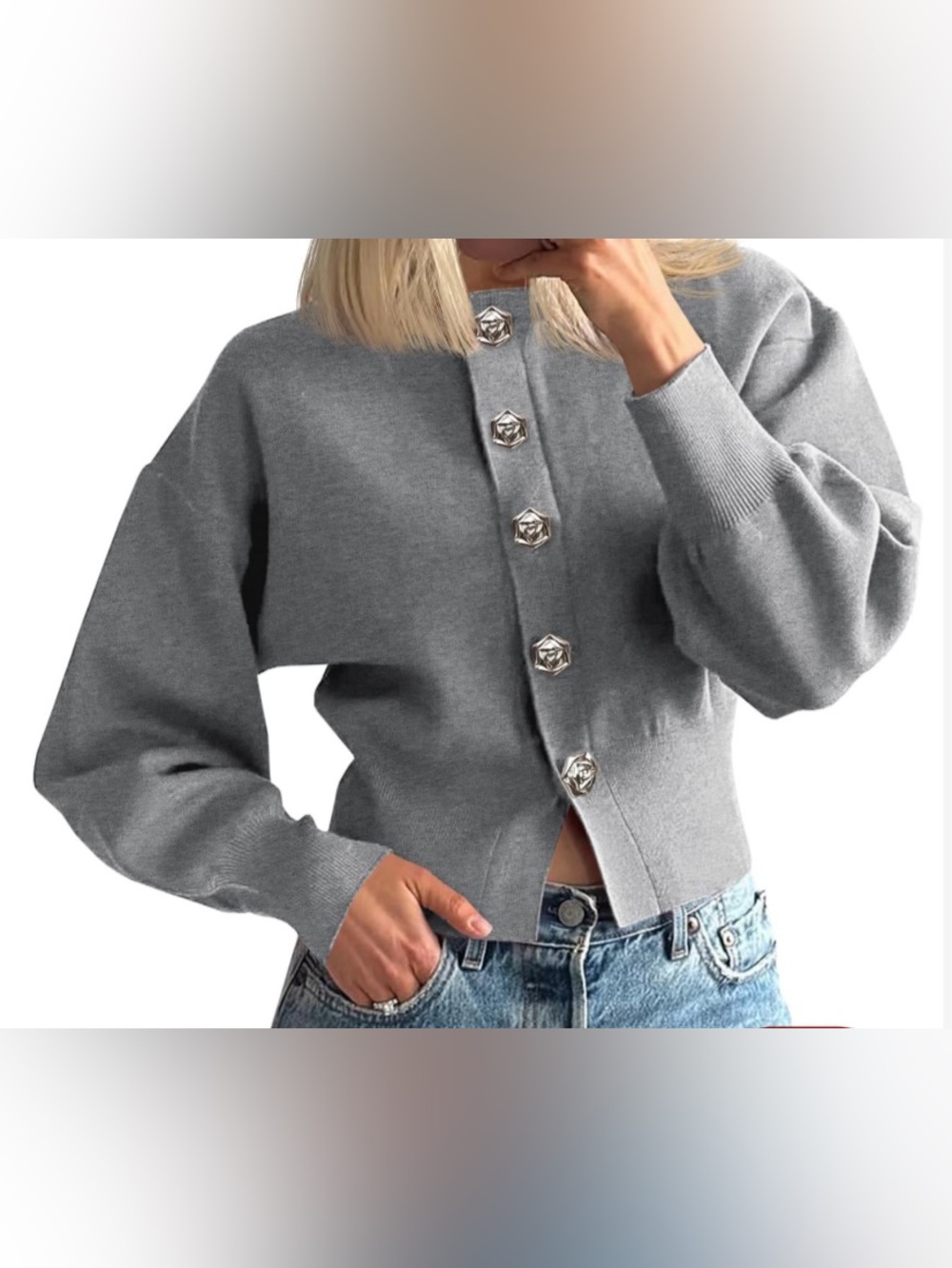 NWT Saodimallsu Button Up Cardigan, Long Lantern Sleeve Knit Crew Neck Small